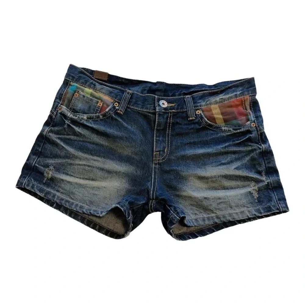 Denim Plaid & Distressed Jean Shorts - Size Medium